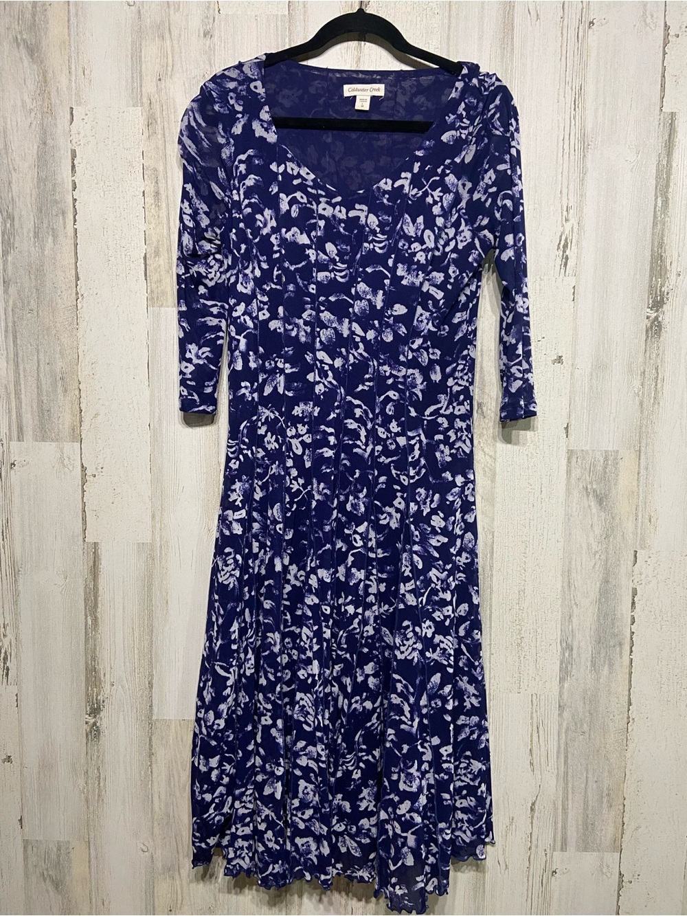 Coldwater Creek Blue White Floral Mesh 3/4 Sleeves Midi Dress Large